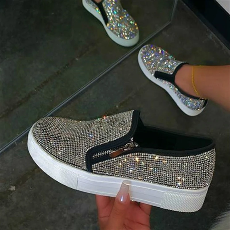 

Women Flat Casual Single Shoes Fashion 2023 Rhinestone Bling Sewing Platform Loafer Luxury Shoes Casual Comfortable Female Shoes
