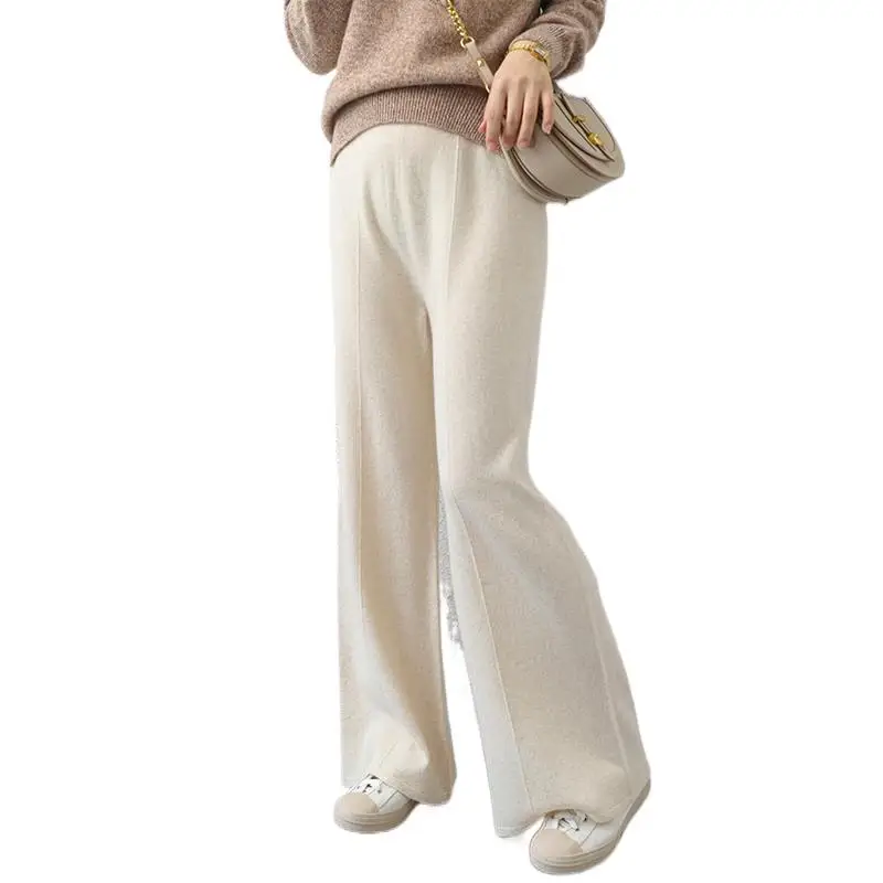 

100% Pure Wool Knitted Wide-leg Pant Autumn Winter Thickening Soft Striped Mopping Pants Women Loose Large Size Long Beige Pants