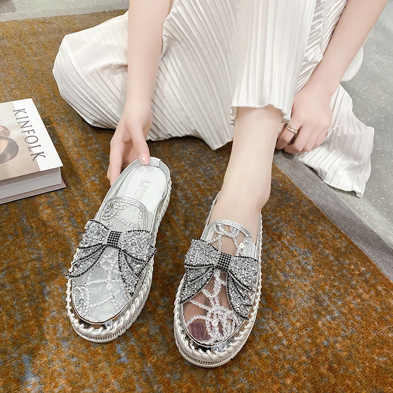 

NEW2022 Summer Shoes Women Flats Platform Luxury Bling Butterfly-knot Air Mesh Cool Loafers Couple Crystals Stitched Chunky Sole