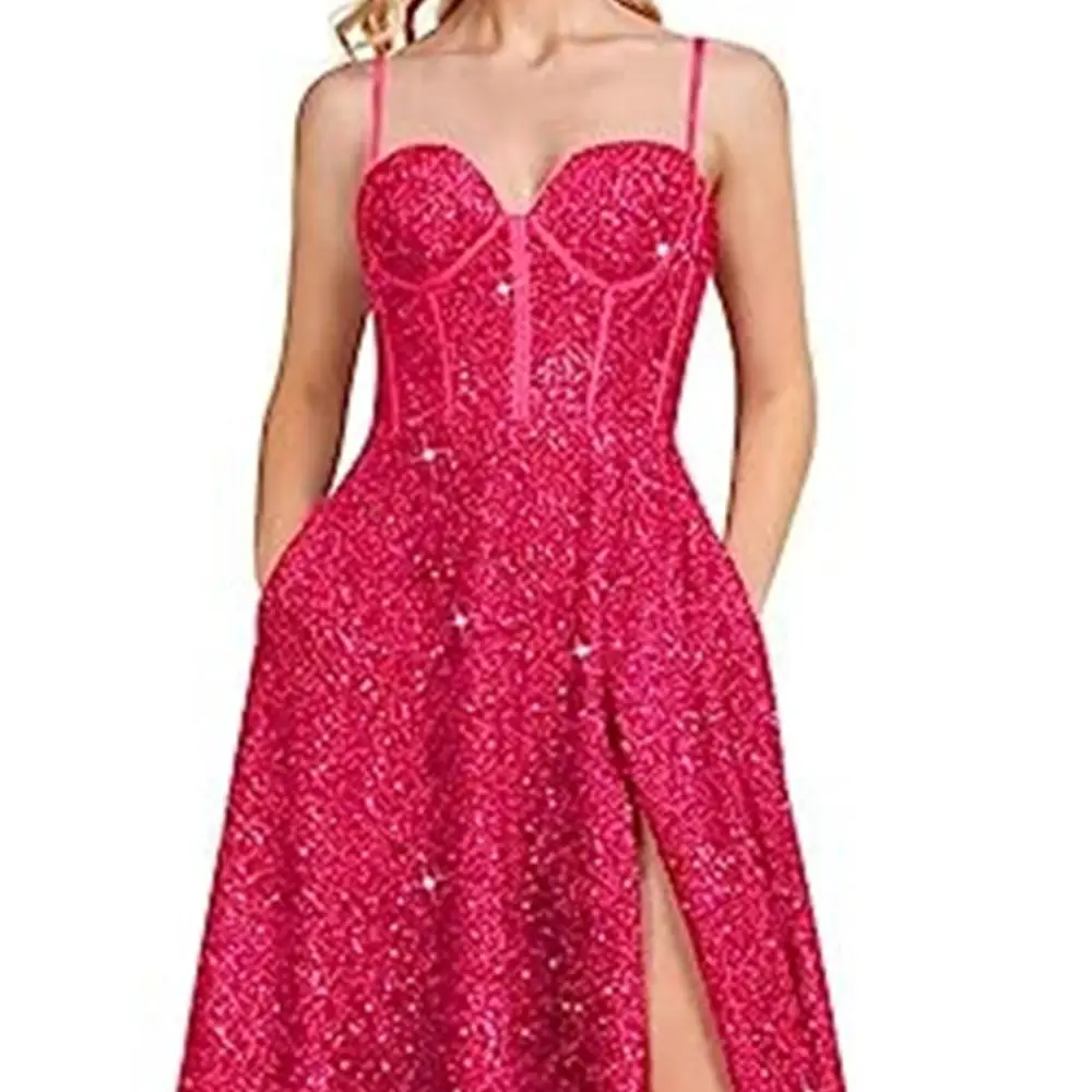 

Italian Shoulder Sequins Prom Dresses Long Sweetheart Split Line Formal Dresses with Pockets Ladies Elegant Formal Occasion Gown