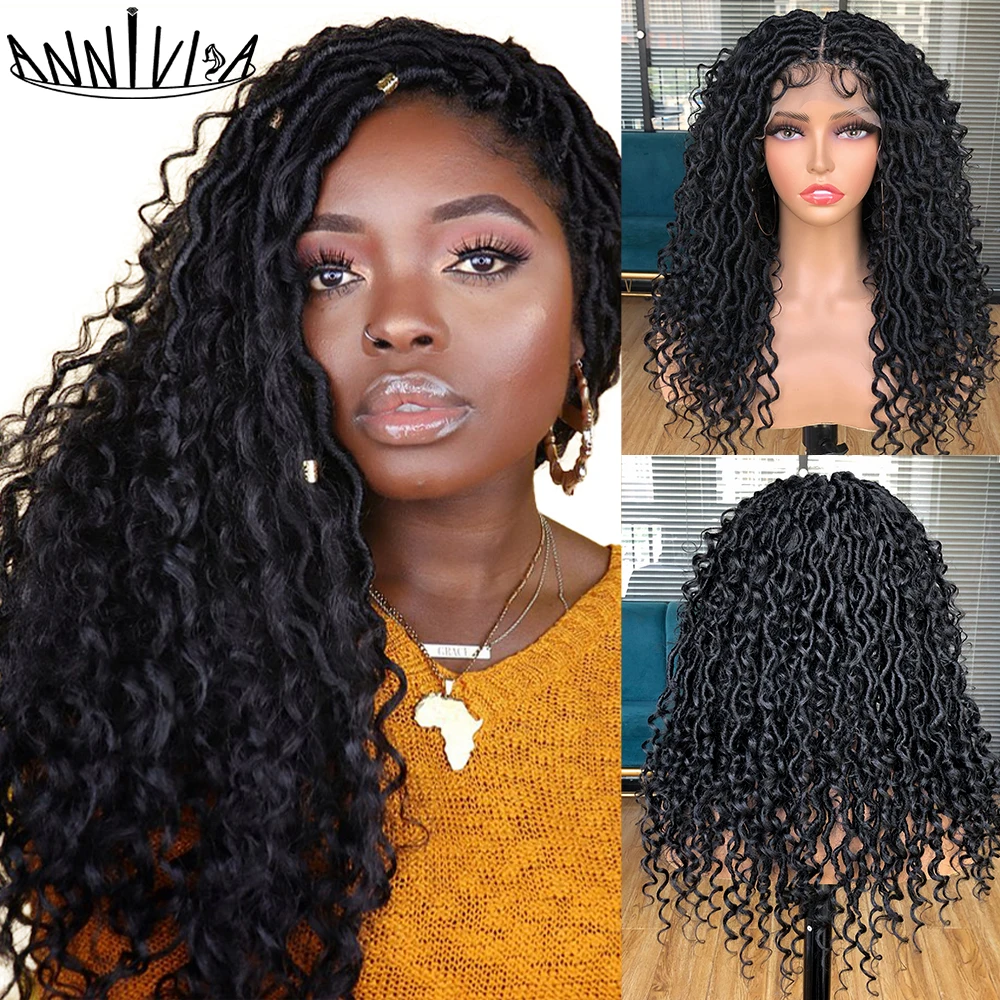 Synthetic Full Lace Wig Braided Wigs for Black Women Goddess Faux Locs Wig Knotless Braided Lace Wig Water Wave Wavy Braids Wig