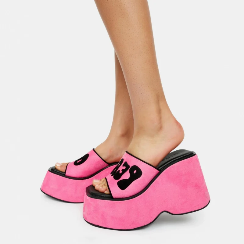 Rose Pink Wedge Platform Increased Ankle-Strap Sandals 9cm 2023 Summer New Short Music Small Sponge Cake Slipper Women