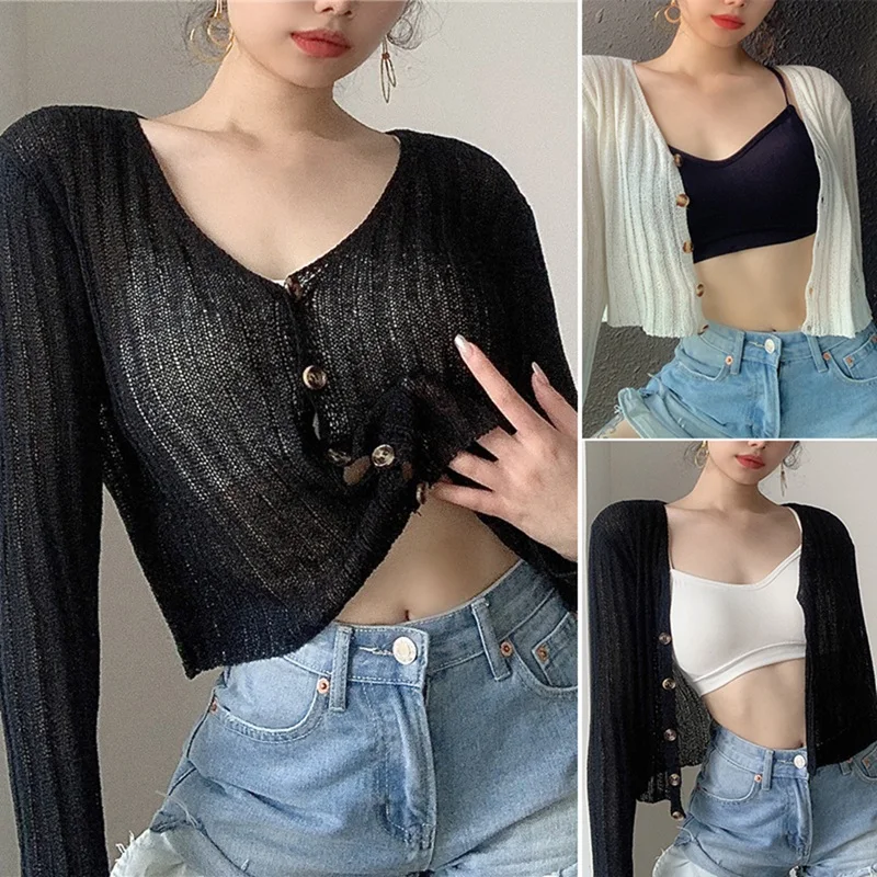 

Cardigan Women Knit Solid Simple Female See-Through Sun Protection Long Sleeves Casual Summer Loose Elegant Tops