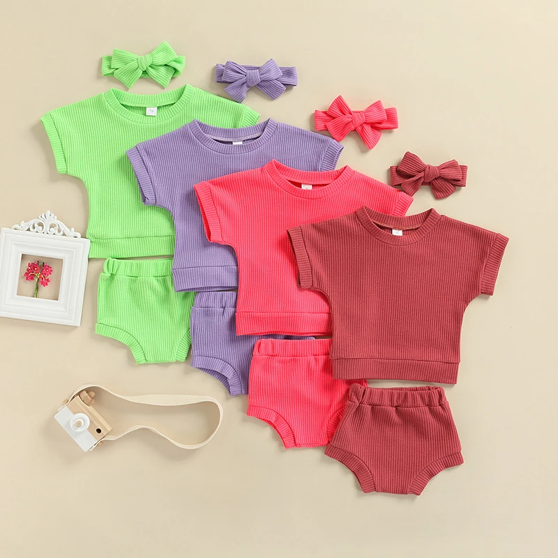 

Baby Girls Summer Clothes Solid Color Bat Short Sleeve Pullover Tops and Casual Shorts with Headband Set