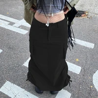 gray street drawstring split long skirt women high waist fashion korean basic cargo skirts lady harajuku y2k outfits