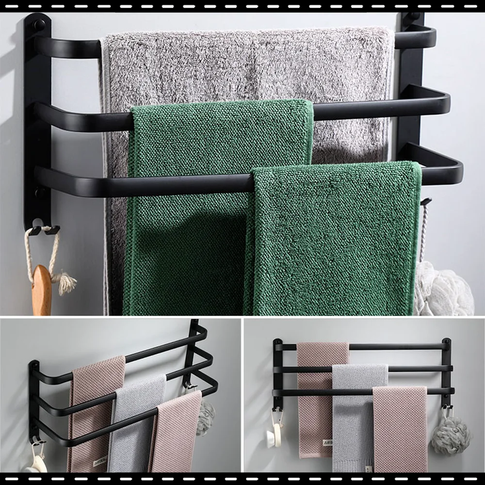 

Wall-Mounted Three-Layer Towel Rack Perforated Bathroom Accessories Shower Room Shelf Frosted Black Aluminum Alloy Hanger