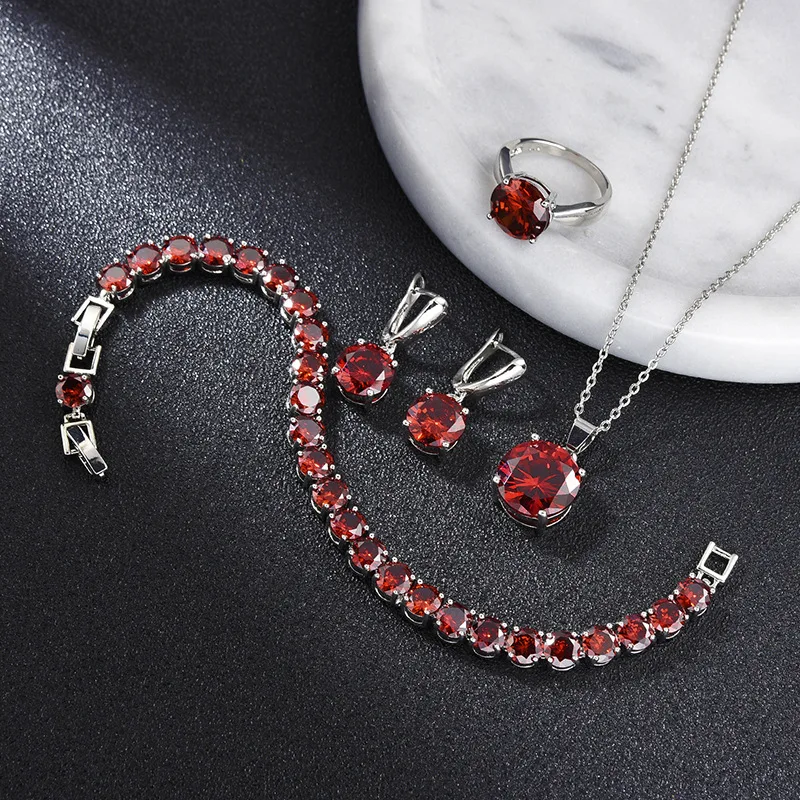 

Red Garnet Silver 925 Jewelry Set For Women Round Zirconia Necklace Earrings Ring Pendant Bracelets Fashion Bridal Jewellry Gift