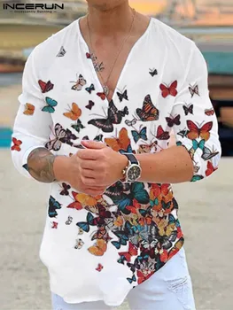 INCERUN Tops 2022 Handsome Well Fitting Men's Stylish Butterfly Printing Blouse Casual Streetwear V-Neck Long Sleeve Shirt S-3XL 1