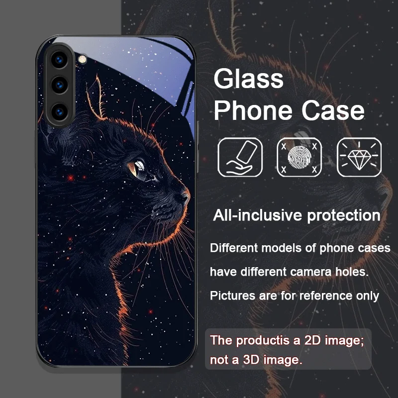 Фото Чехол для телефона из закаленного стекла Black Personality Cool Cat для Samsung Galaxy S25 Ultra S24 S23 Plus S22 S21 S20 FE M53 M55, задняя крышка №2