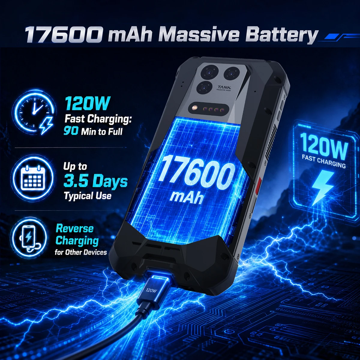 Фото 8849 TANK 5 Unihertz 2K Projector Rugged Smartphone с eSIM, процессором Dimensity 9400e, 3K AMOLED-дисплеем, батареей 17600 мАч, яркостью 220 люмен, 18 ГБ ОЗУ + 512 ГБ памяти, Wi-Fi 7 №3
