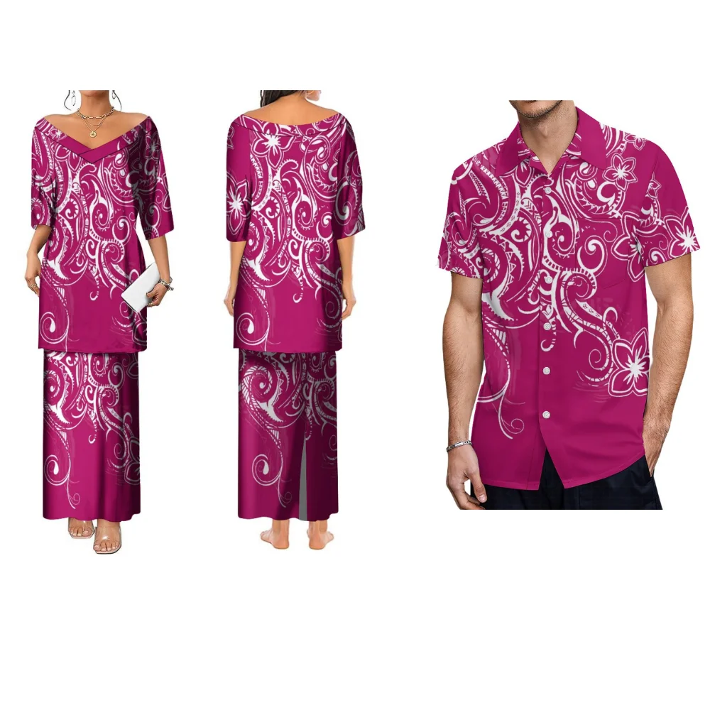 

Summer High Quality Short Sleeve Dress Polynesian Tribal Ethnic Style Printed Long Puletasi Double Slit Temperament Dress 2023