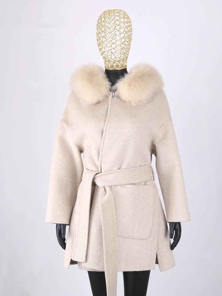 Lavelache 100% Wool Coat Winter Women Real Fur Jacket Long Fashion Loose Outerwear Wool Casaco For Women With Belt