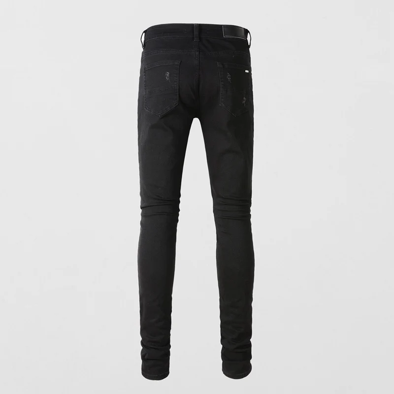 Streetwear Fashion Men Jeans Black Color Slim Fit Stretch Hole Ripped Jeans Men Plaid Patch Designer Hip Hop Brand Pants Hombre