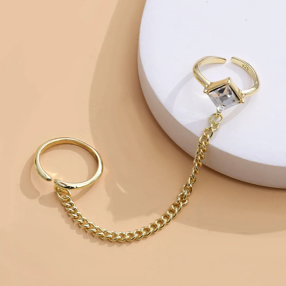 

2022 Punk Set Rings for Women Girl Big Rhinestone Adjustable Opening Rings With Chain Rock and Roll Rings Daily Wear Jewelry