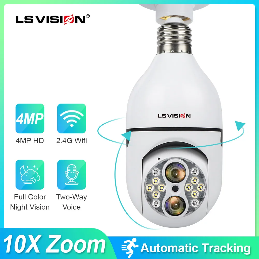 

LS VISION 2K 4MP E27 Bulb Security Camera Outdoor Wireless WiFi IP Camera Home 360° Motion Detection, Auto Tracking Color Night