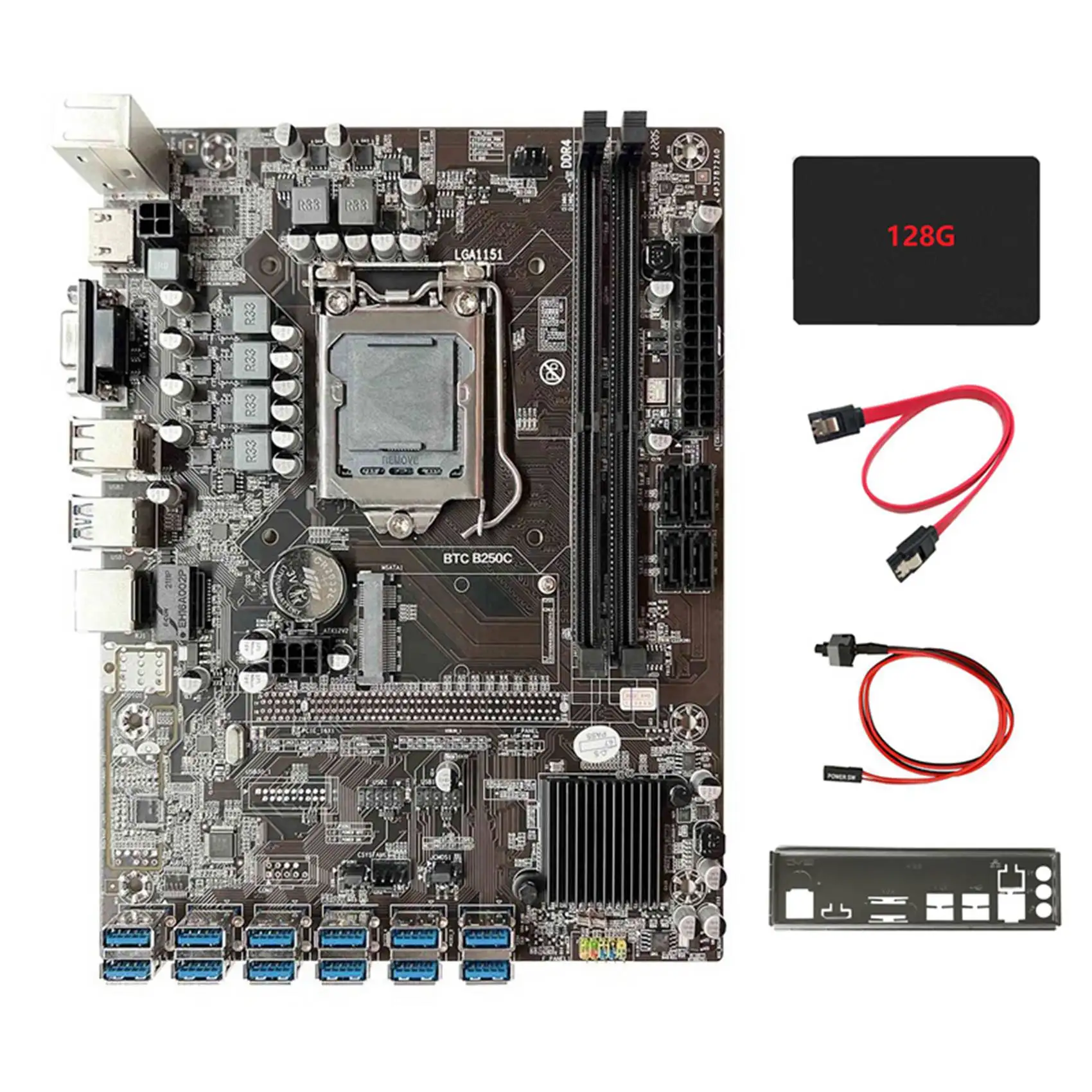 

Mining Motherboard+128G SSD+Switch Cable+SATA Cable+Bezel 12XUSB3.0 To PCIE 1X LGA1151 DDR4 RAM Slot ETH Motherboard