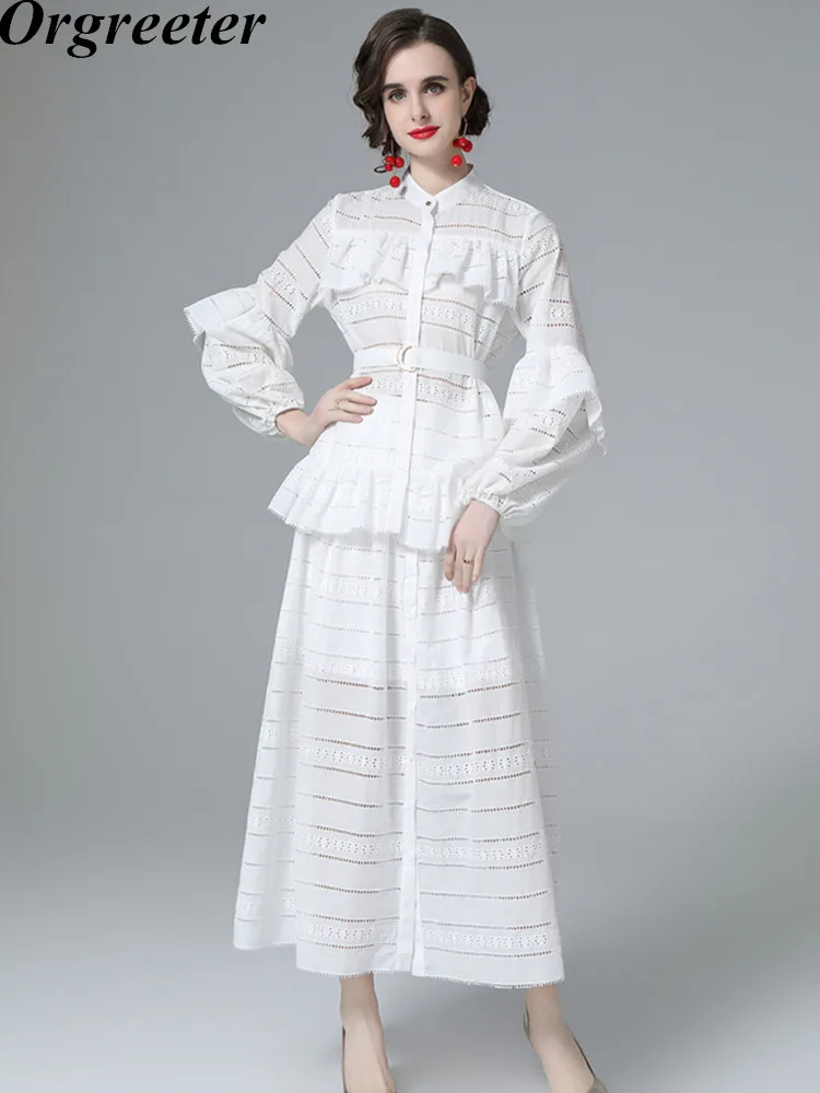 

Женский богемный костюм из 2 предметов, модная рубашка с длинными рукавами-фонариками и длинная юбка макси в стиле ретро, хлопковый костюм с вышивкой