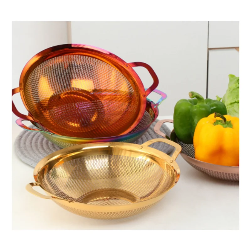 

Stainless Steel Drain Basket Rice Strainers Rice Mesh Filter Vegetable Basket with Handle Kitchen Tool Rose Gold