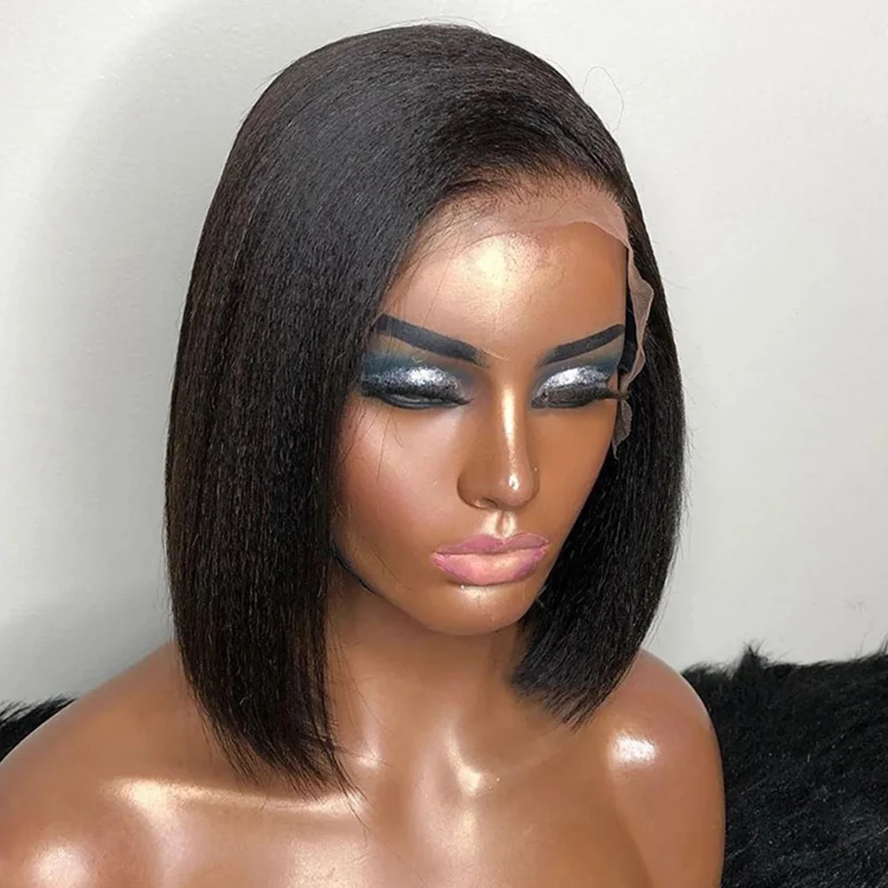 

150% Light Yaki Short Bob 13x6 Lace Front Frontal Wig 13x4 Preplucked Bleached Knots Peruvian Remy Human Hair Wigs 4x4 Closure