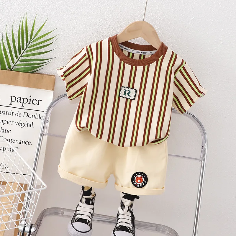 

Summer Baby Boy Clothes 12 to 18 Months Cartoon Striped Short Sleeve T-shirts and Overalls Boys Outfit Set Kids Bebes Tracksuits