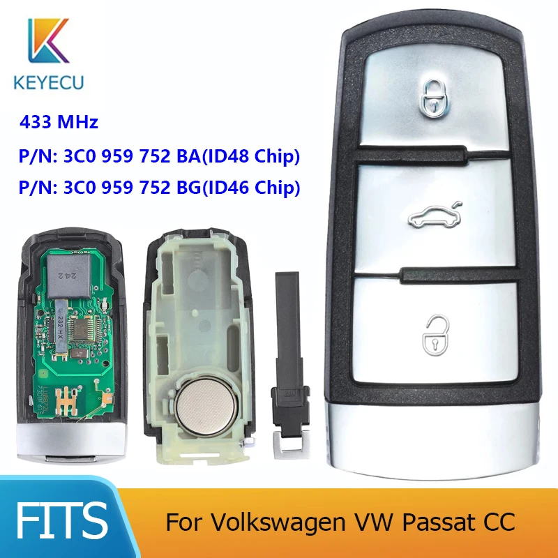 Смарт-карта памяти KEYECU 3 кнопки 433 МГц ID46 чип 3C0 959 752 BG/ID48 BA для VW Volkswagen Passat CC - купить