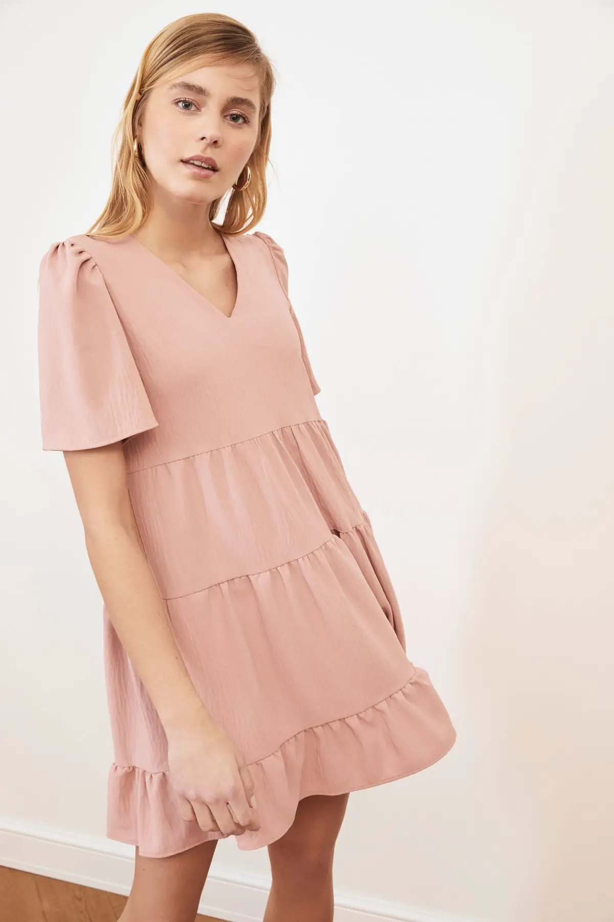 

Rose Dried Wide Cut Dress TWOSS20EL0400 Cool Comfort Plain Sleeve Regular V-Neckline Mini Pink Aerobin Short Polyester