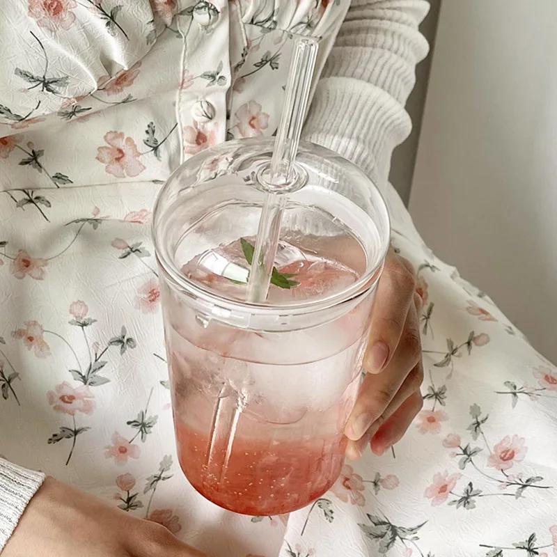 

500ml Simple Ins Clear Glass Water Cup With Straw Lid For Coffee Juice Drink Cup Heat-resistant Borosilicate Bubble Milk Tea Mug