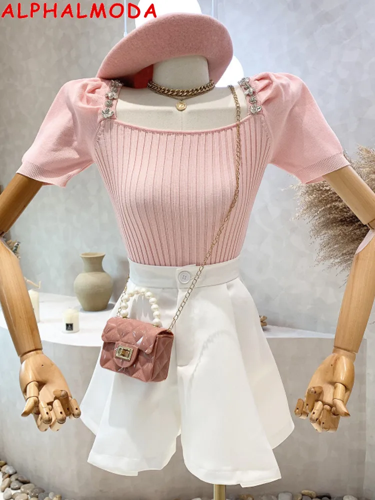 

ALPHALMODA 2022 Summer Crystal Chain Shoulder Puff Sleeve Slim Fit Women Sweet Knitted Short-sleeved Sweater Top