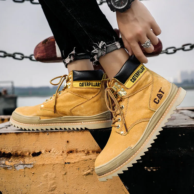 R.XJIAN Men's Leather Martin Boots Workwear Outdoor Walking Anti Slip Wear Resistant High Top Casual Hiking Shoes