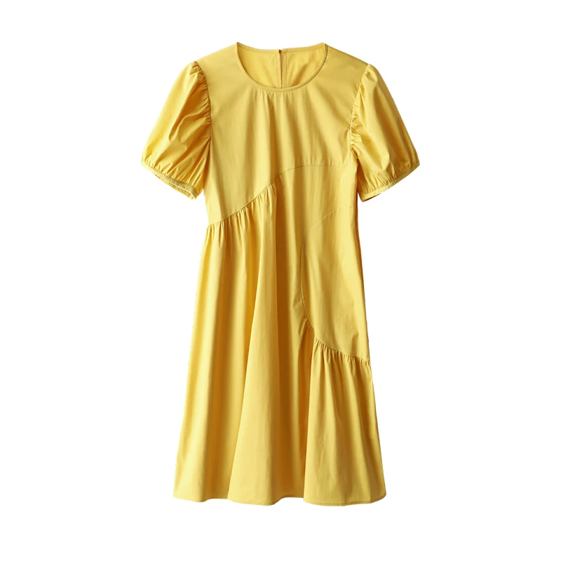 

Yellow Dresses 70% Cotton Beach Style A-LINE Summer Short Sleeve Knee-Length O-Neck Puff Sleeve Vestidos De Mujer