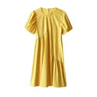 yellow dresses 70 cotton beach style a line summer short sleeve knee length o neck puff sleeve vestidos de mujer