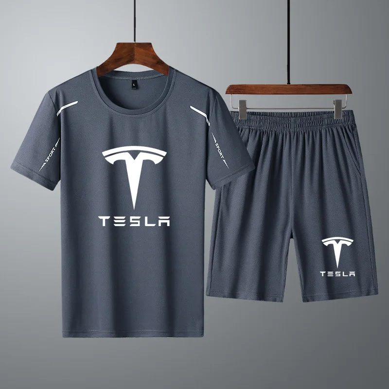 

Summer Men's Costume,Short Sleeve,TESLA Car Logo Print,Fashion,Pure Cotton,High Quality T-Shirt+Shorts,2 Pieces