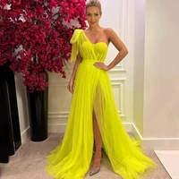 lemon yellow prom dresses sexy one shoulder sleeveless evening dress for occations elegant high split party bride gowns