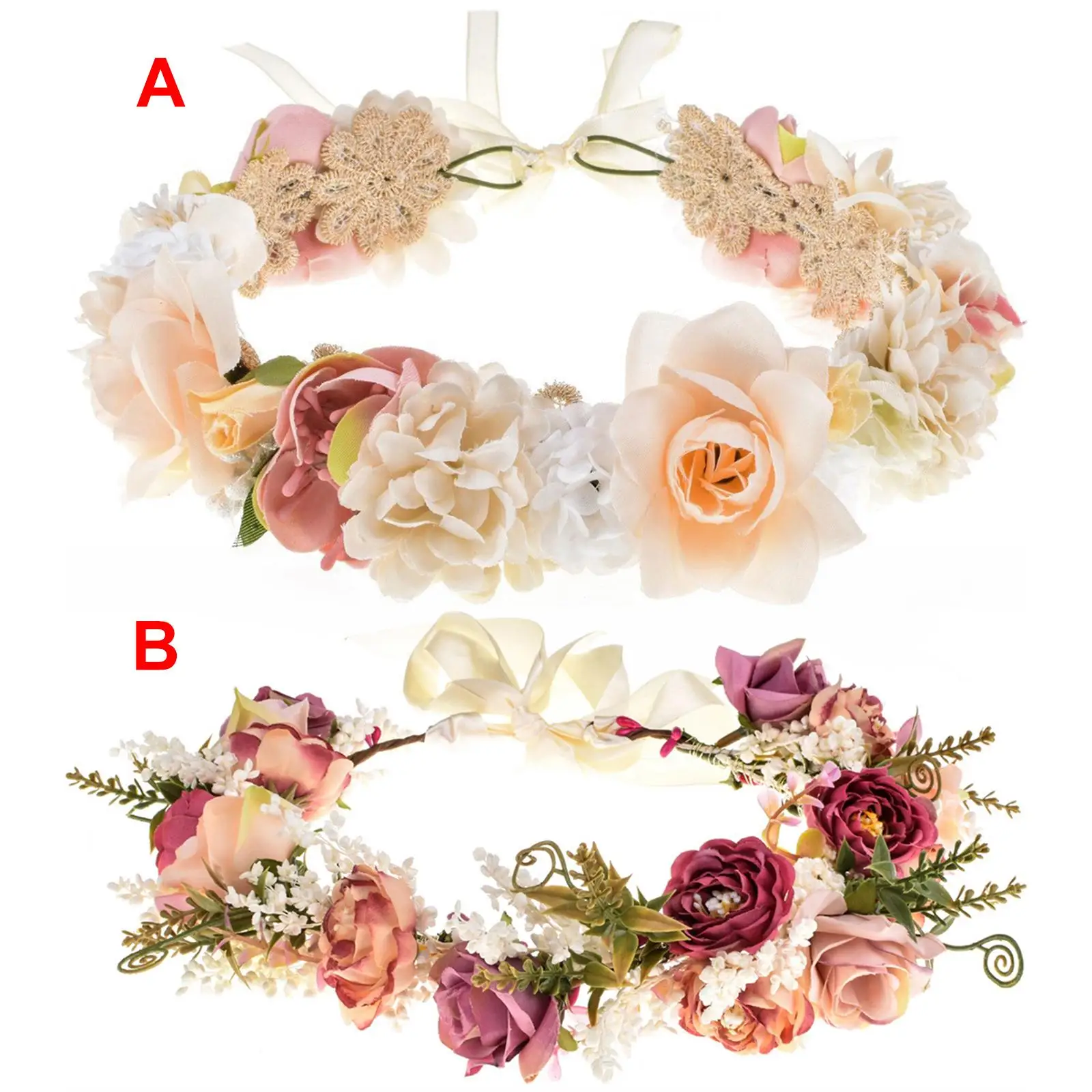 

Elegant Flower Crown Headpiece with Ribbon Decor Photo Props Bride Headband tiara for Festivals Anniversaries Wedding Events