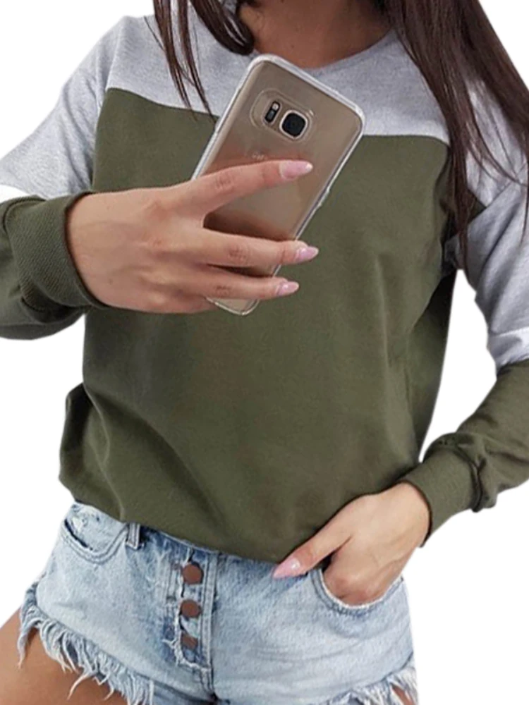

Women O-neck T Shirt Long-sleeved Tops Casual Pullover Female Patchwork Womens Clothing Harajuku