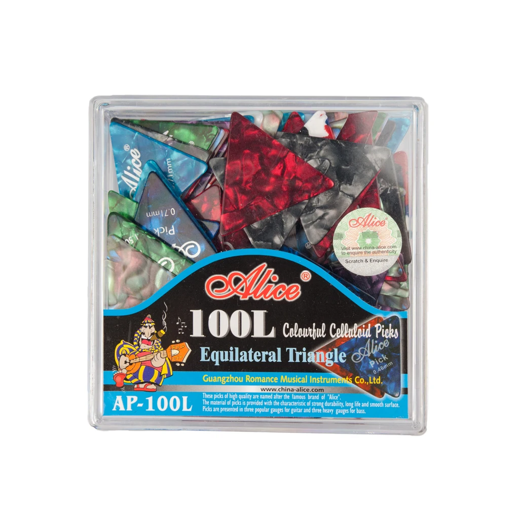 

100PCS Alice Colorful Celluloid Guitar Picks 0.46mm/0.71mm/0.81mm/0.96mm/1.2mm/1.5mm Optional Engraved Set Guitar Accessories