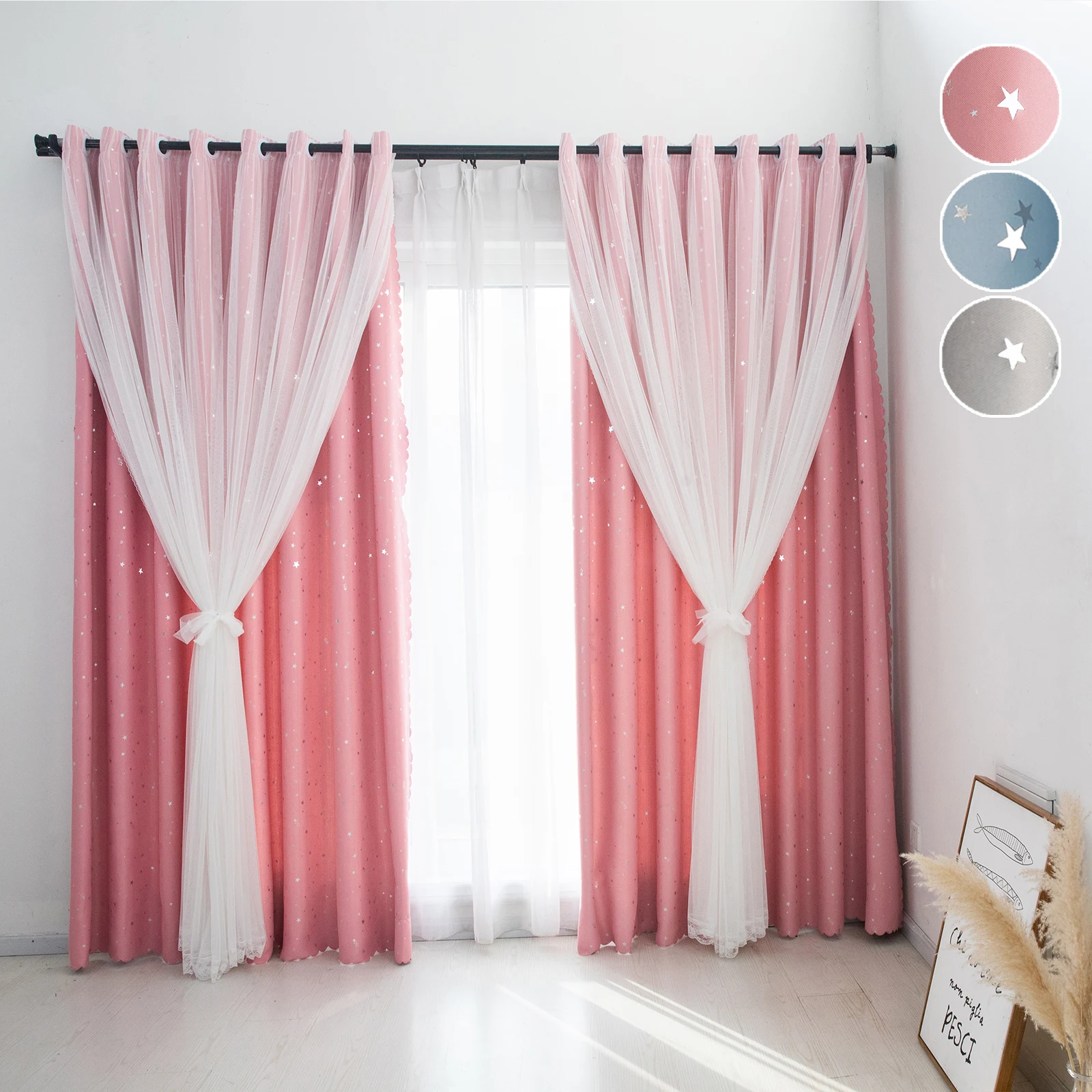 Double-Layer Curtains for Living Room Bow Yarn Tulle Stars Printed Panel Drapes Sound Proof Eyelet Bedroom Curtain Home Decor