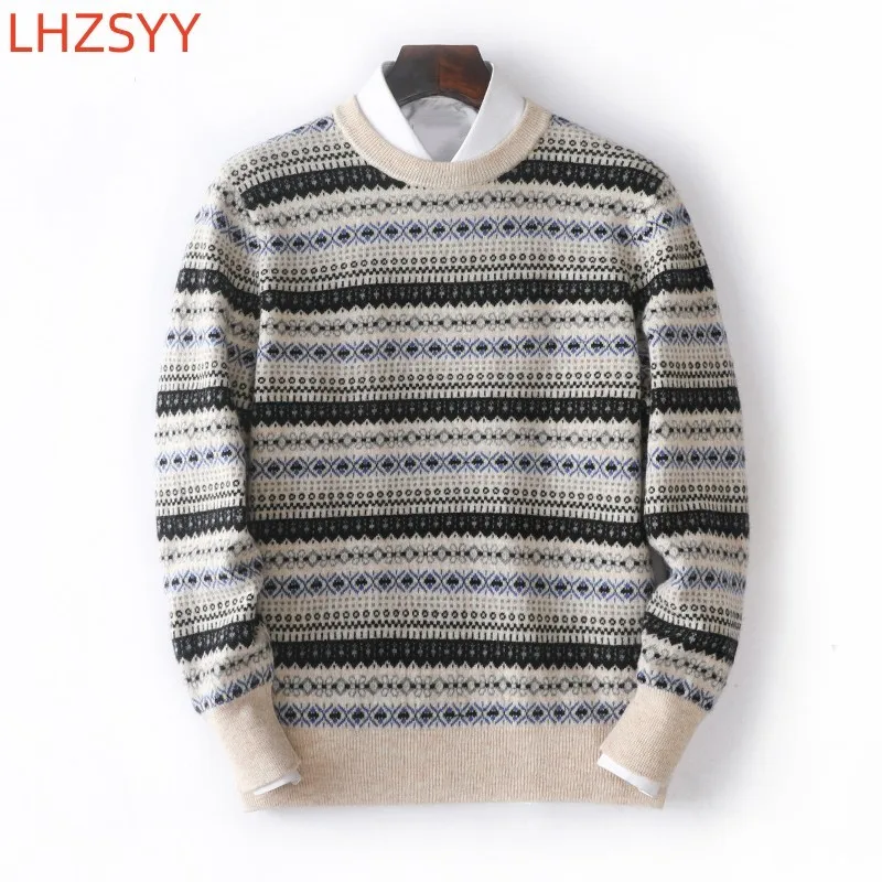 LHZSYY Autumn Winter New Men's Pure Cashmere Sweater Thick Striped Pullover Youth Casual Large size Tops Knitted Wool Base Shirt