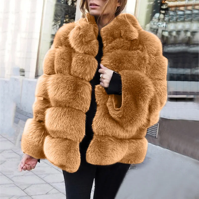 Black Overcoat Winter Short Warm Fur Women Luxury Faux Fox Fur Coat Jacket Outerwear Long Sleeve Plush Thick Fur Coats 2022 New