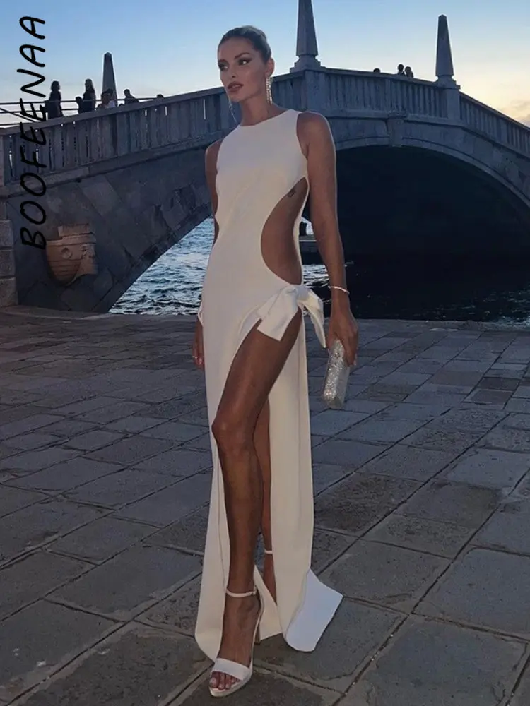 

BOOFEENAA боковое ажурное платье макси с бантом разрезом Сексуальная Клубная одежда для женщин 2023 Модное Элегантное Вечерние е Черное вечернее ...