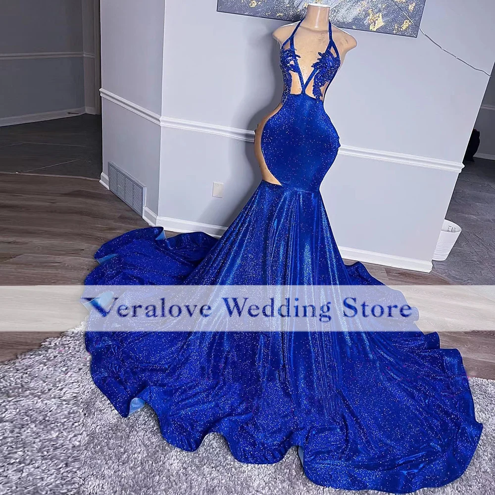 Женское вечернее платье-русалка синее платье с лямкой на шее и блестками для