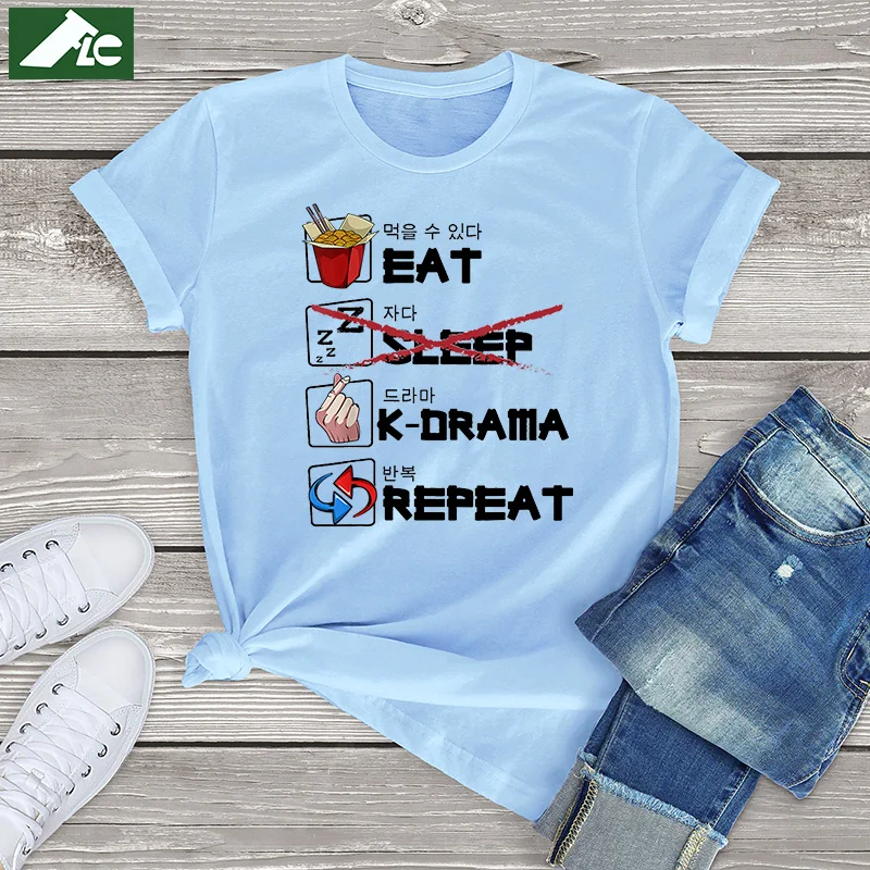 

100% Cotton Eat Sleep K-Drama Repeat TV Unisex Oversized Short Sleeve Tee TV Korean Movie Graphic T Shirt Women Fahion Shirt