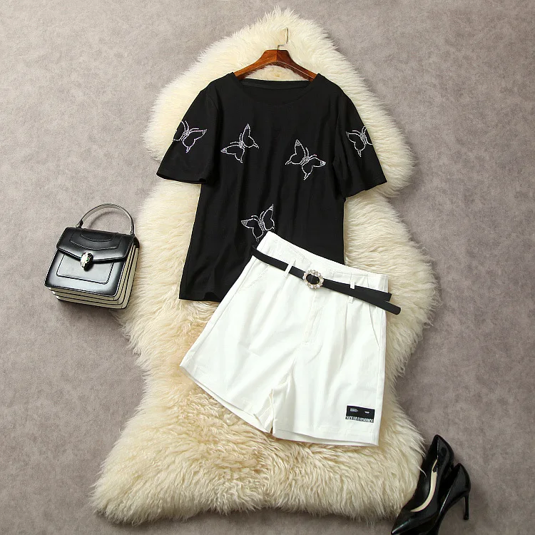 

Женская одежда в европейском и американском стиле, Новинка лета 2023, модный костюм с короткими рукавами, футболкой с бабочками и поясом