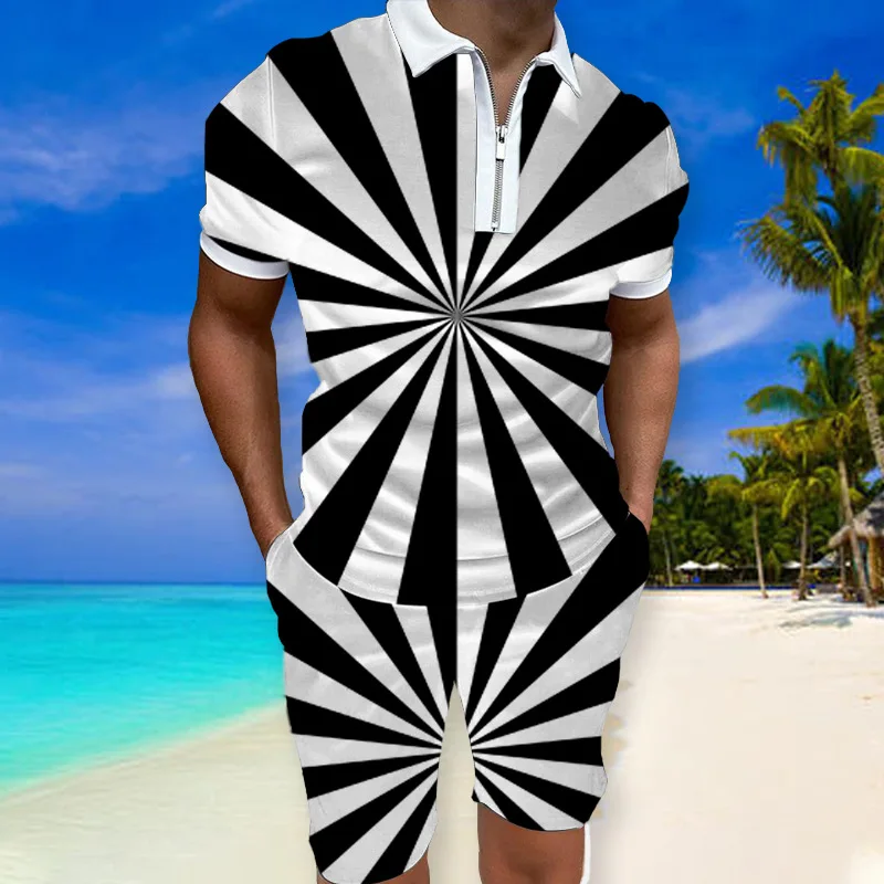 Men's Vacation Beach Style Polo Shirt Sets Men 3D Print V-neck Zipper Short Sleeve Polo Shirt+Shorts Two Pieces Man Vintage Suit