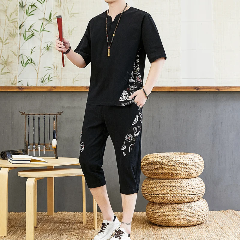 Мужской комплект из футболки с коротким рукавом и брюк хлопка льна - купить по