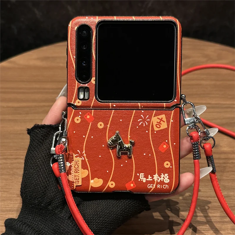 Фото Роскошный металлический чехол-флип для Xiaomi Mix Flip / Xiaomi Mix Flip 2 с красной кожаной отделкой, дизайн «Китайский Новый год: Богатство и Удача» №5