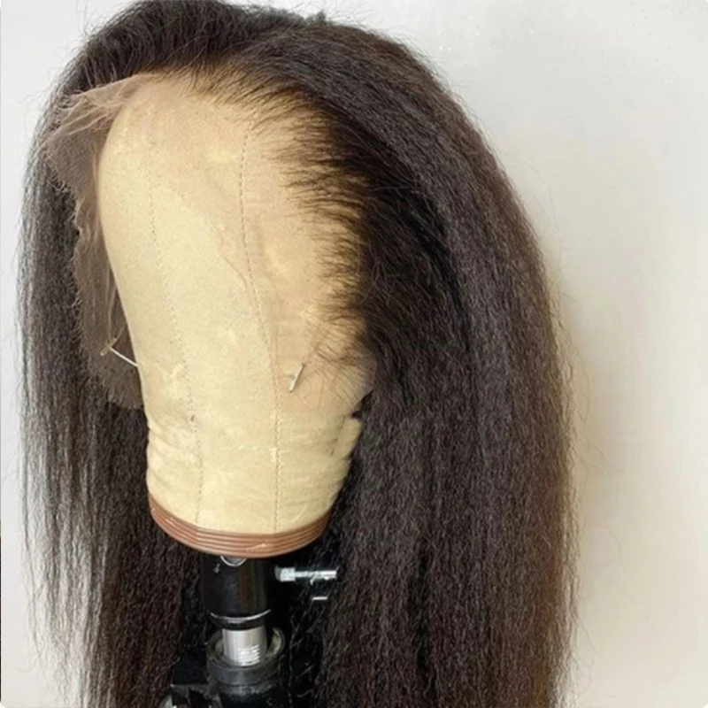 

Soft Kinky Straight Yaki Short Cut Bob Natural Black Glueless Synthetic Lace Frontal Wig For Women Baby Hair Pre Plucked Daily