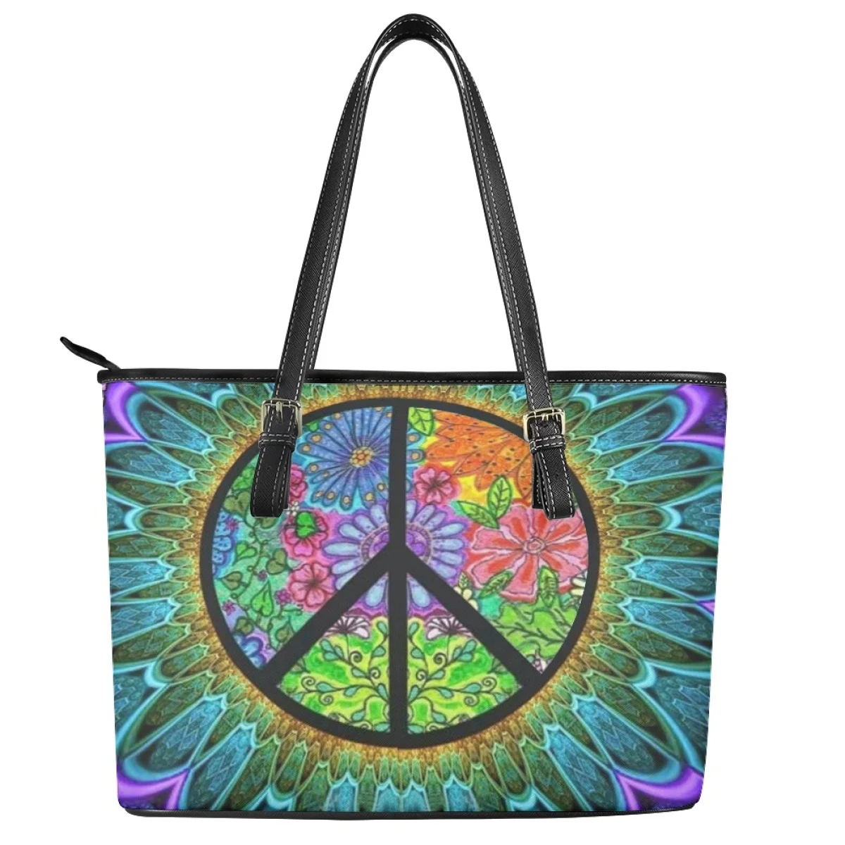 Hippie Peace and Love Luxury Ladies Tote Bags PU Leather Handbags Top-Handle Casual Long Shoulder Strap Clutch for Girls Bolsas