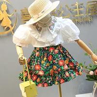 girls fashion clothing set 2022 summer lace embroidery shirtfloral skirt kids clothes girls princess birthday suits 2pcs 4 8y