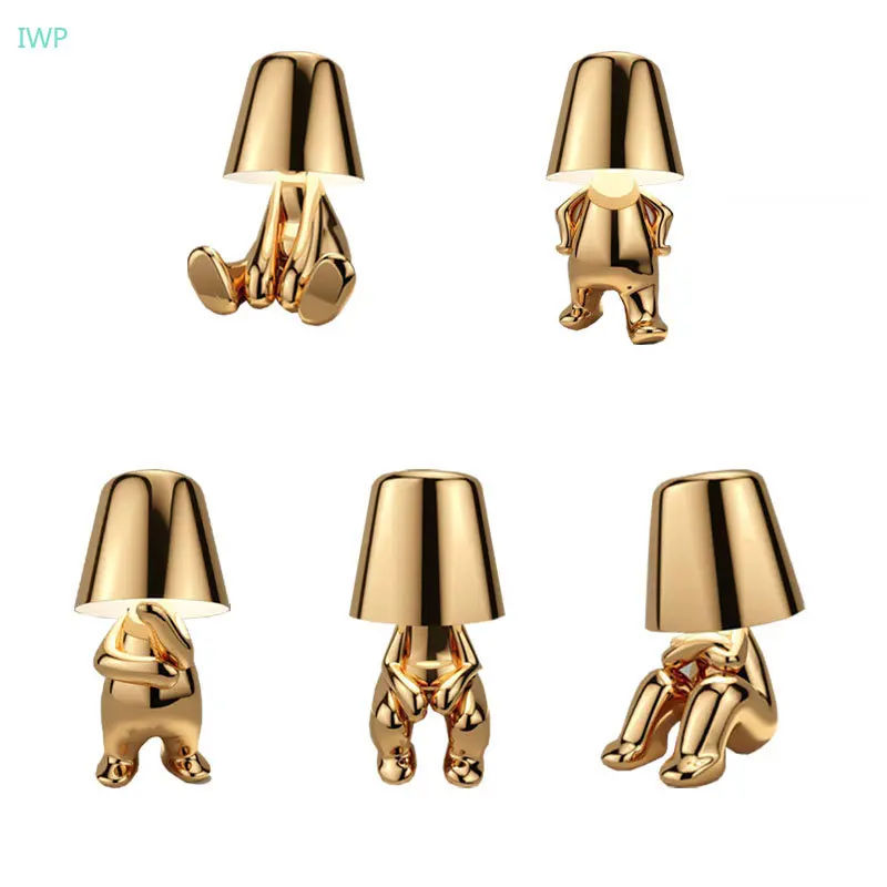 

Little Golden Man Table Lamp Touch Dimming Study Desk Light Metal Decorative Bedside Lamp USB Rechargeable Night Light for Hotel